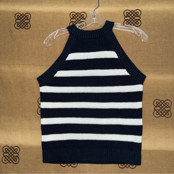 Old Navy NWOT! Navy/White Knit Sleeveless Striped Shaker Stitch Cropped Sweater - Picture 15 of 17